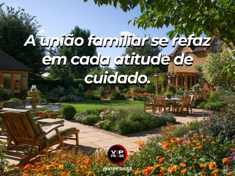 Arte com frase sobre família e uniao feita de escolhas, em cena de caminho de pedras ligando dois jardins com flores.