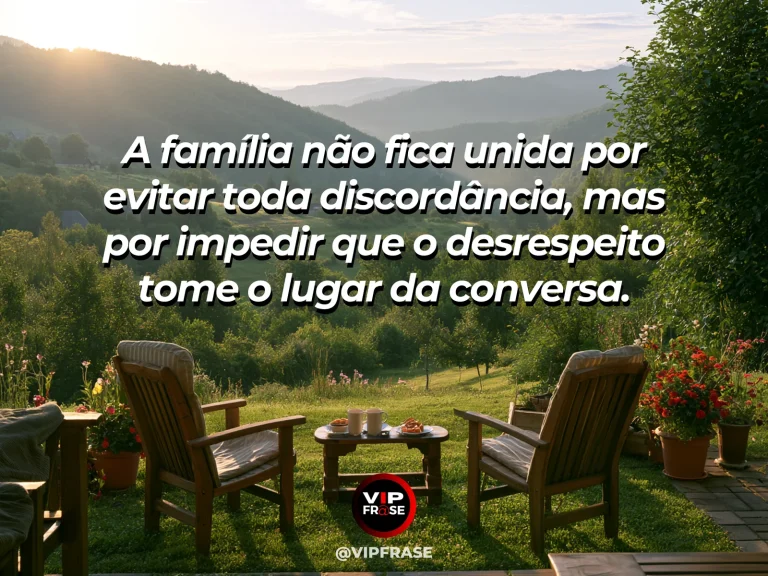 Arte com frase sobre família e uniao que sabe acolher conflitos, em cena de duas cadeiras sob árvore e jardim florido.