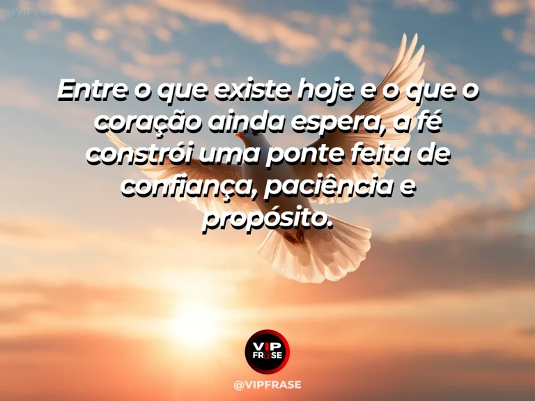 Frase de fé com ponte suspensa sobre vale com névoa, ligando a uma paisagem iluminada.