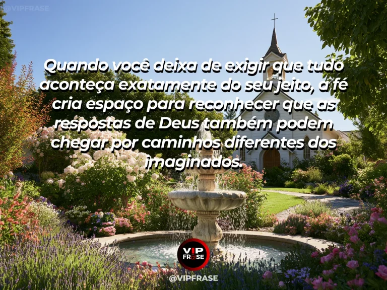 Frase de fé sobre abertura aos caminhos inesperados de Deus, com costa de mar esmeralda com arco natural de pedra e flores costeiras.