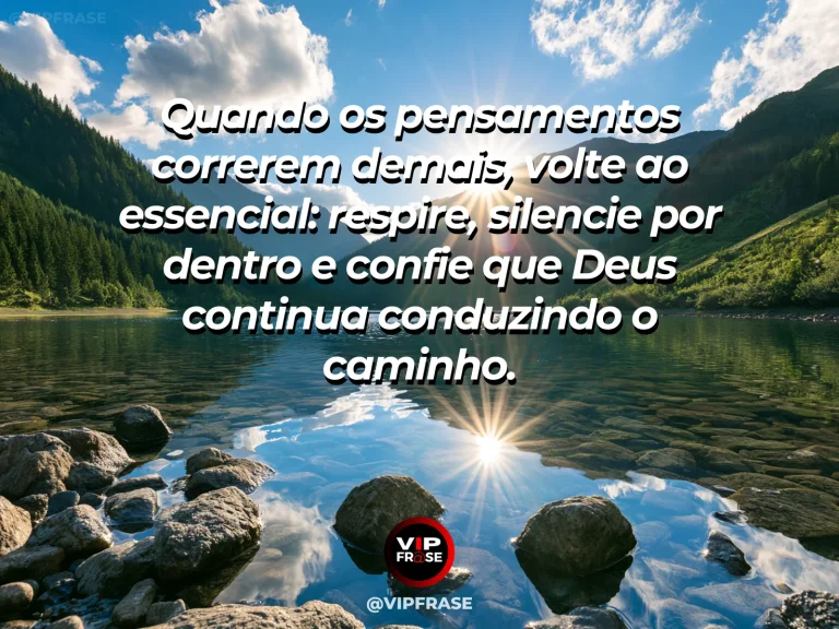 Frase de fé sobre calma e direção em Deus, com lago azul-turquesa cercado por montanhas nevadas.