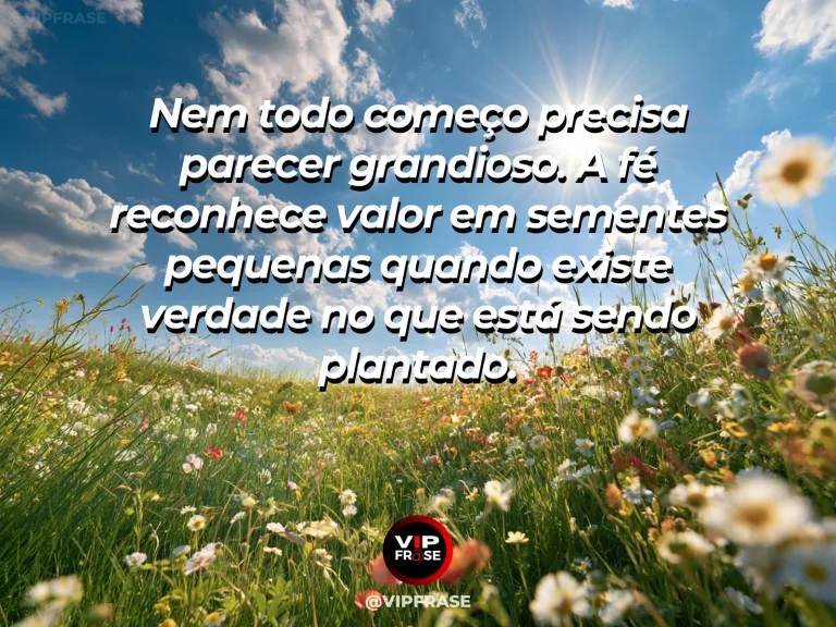 Frase de fé com pequena muda surgindo em jardim úmido e ensolarado, cercada por folhas vivas.