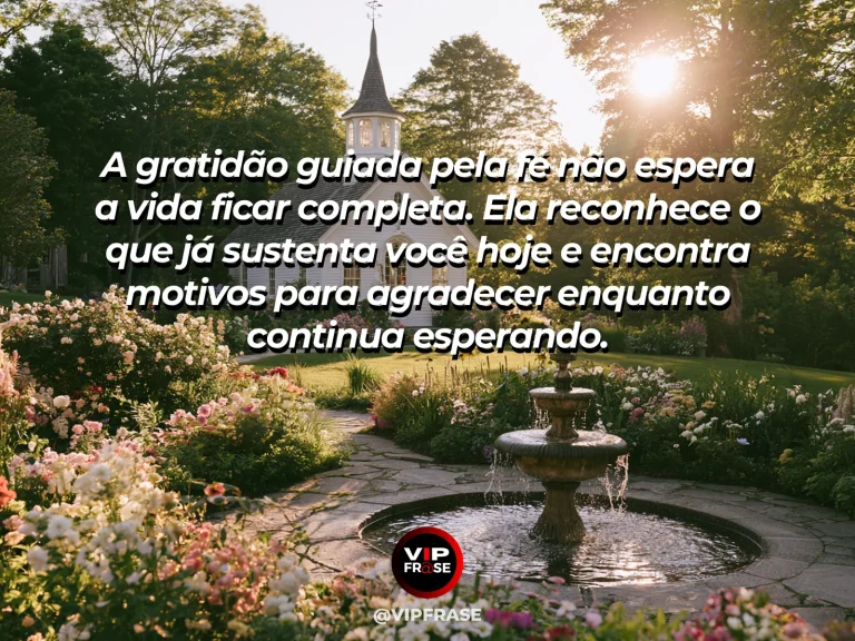 Mensagem de fé sobre agradecer antes de ter tudo, com plantação de trigo dourado sob céu azul profundo.