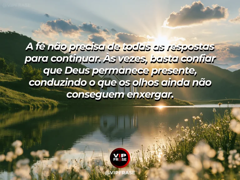 Mensagem de fé sobre confiar mesmo sem entender, com amanhecer dourado sobre um lago alpino cristalino.