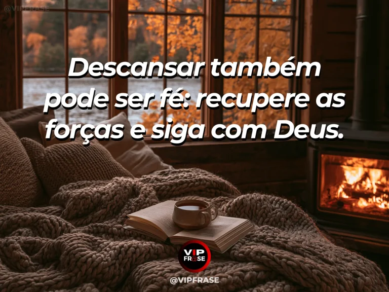 Mensagem de fé sobre descanso e força na fé, com clareira ensolarada em bosque.