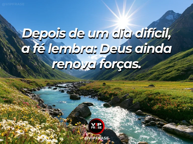 Mensagem de fé sobre renovação de forças pela fé, com cachoeira ampla em mata tropical iluminada pelo sol.