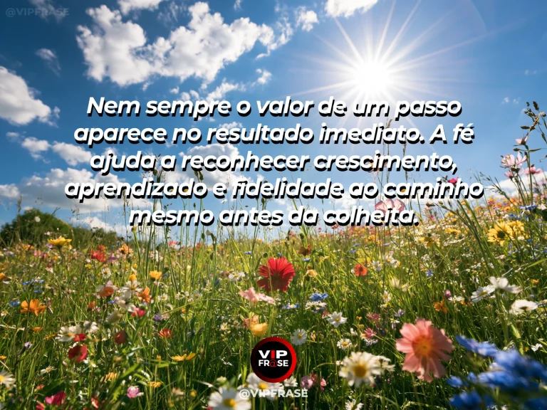 Mensagem de fé sobre valorizar o caminho além dos resultados, com vinhedo em encosta iluminado por sol baixo.