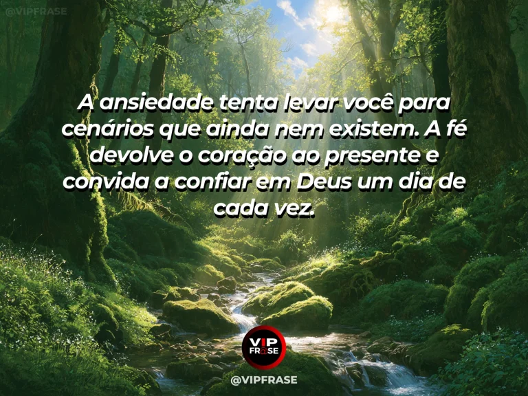 Mensagem de fé sobre viver o presente sem ansiedade, com riacho cristalino entre pedras cobertas de musgo.
