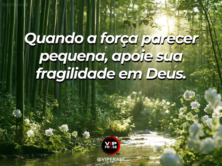 Mensagem de fé sobre fé e força na fragilidade, com pequeno riacho cristalino correndo entre pedras cobertas de musgo e folhas iluminadas..