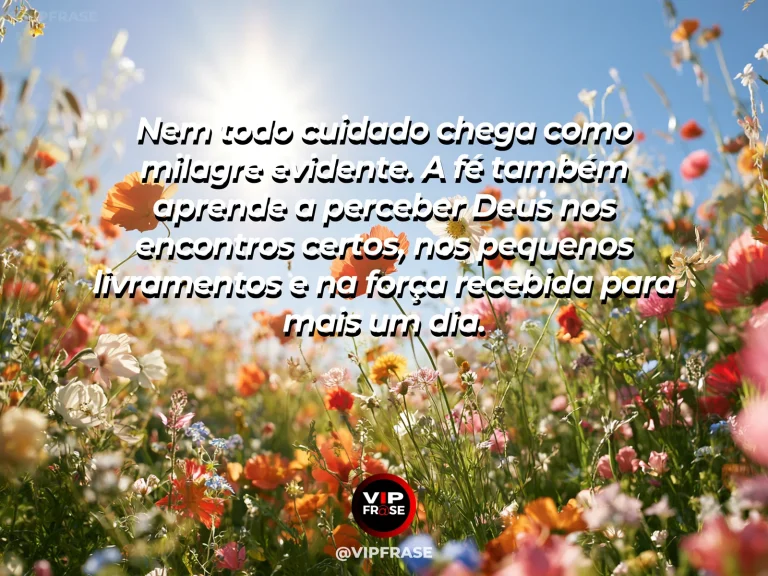Mensagem de fé sobre reconhecer cuidado no cotidiano, com jardim com flores silvestres e borboletas sob luz da manhã.