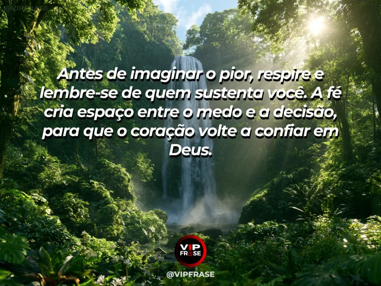 Mensagem de fé sobre respirar antes do medo, com cachoeira larga em floresta tropical iluminada.