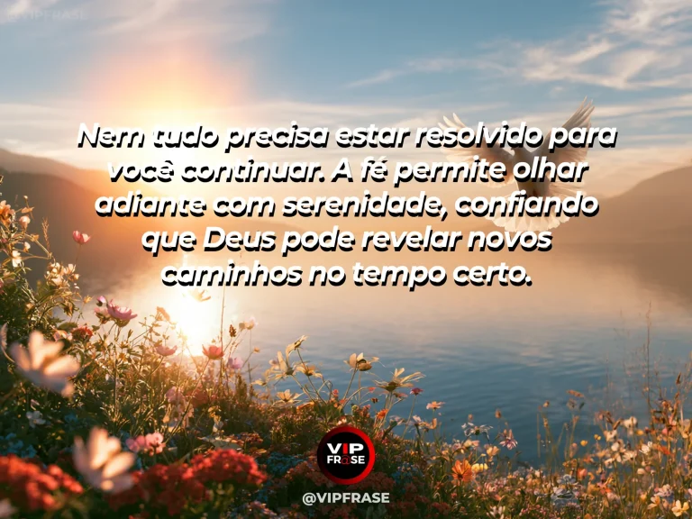 Mensagem de fé sobre seguir olhando adiante, com montanhas à distância sob luz dourada depois da chuva.