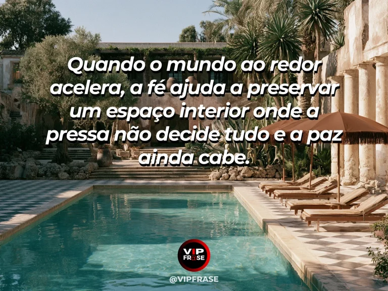 Frase de fé com jardim sereno com lago, pedras, árvores coloridas e composição equilibrada.