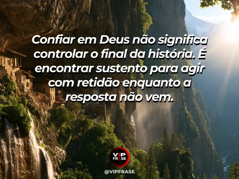 Mensagem de força sobre fé sem controlar o desfecho, com santuário de pedra sobre pico isolado nas montanhas.