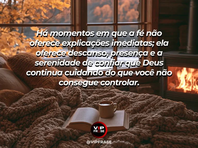 Frase de fé sobre descanso na confiança em Deus, com praia tranquila ao entardecer, ondas suaves e céu rosa e dourado.