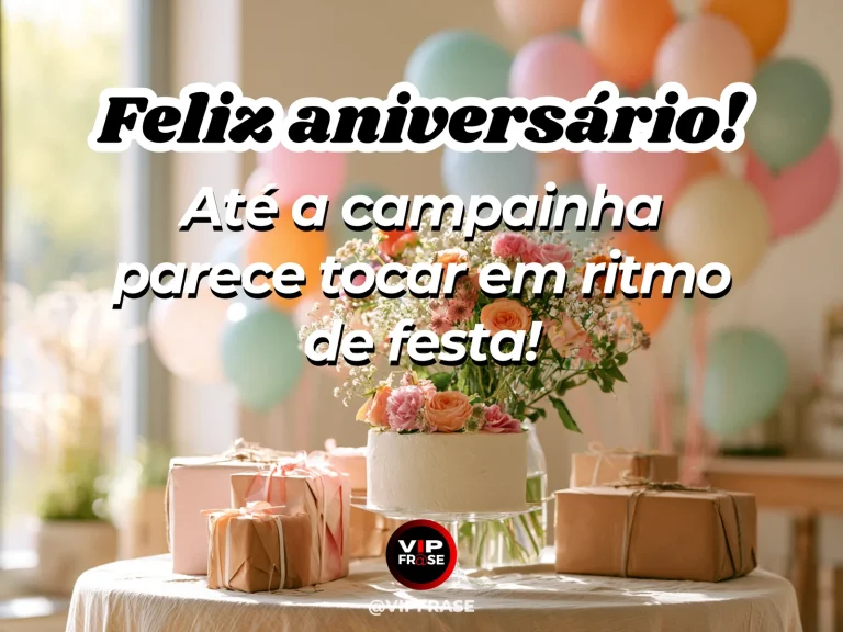 Mensagem de feliz aniversário com bolo decorado com flores, presentes e balões pastel em ambiente iluminado.