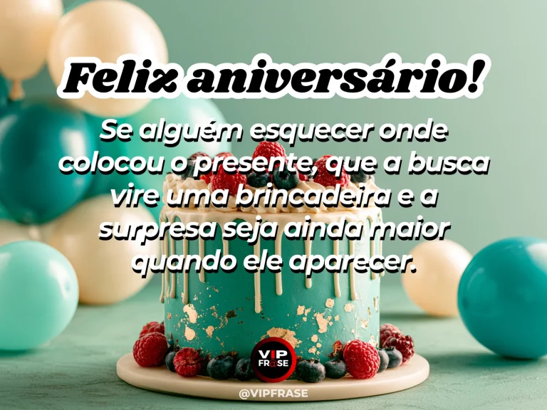 Feliz aniversário com frase divertida sobre um presente perdido, em arte com bolo verde-água, framboesas e balões pastéis.