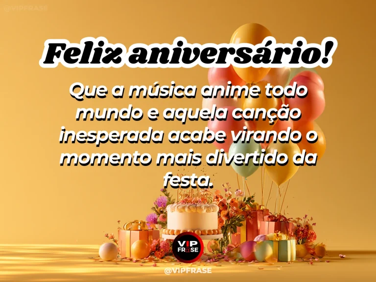 Mensagem de feliz aniversário com bolo, presentes, flores e balões laranja e rosa sobre fundo dourado.