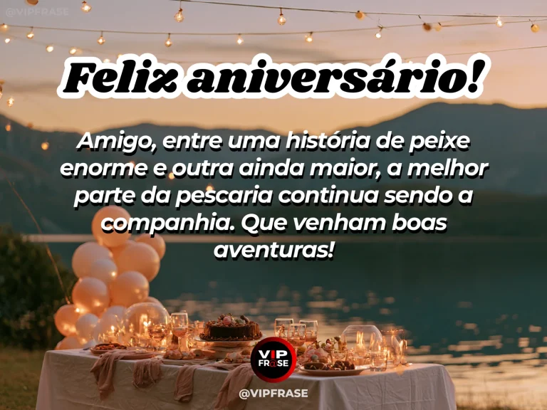 Mensagem de aniversário para amigo sobre amizade, em cenário festivo com bolo e balões.