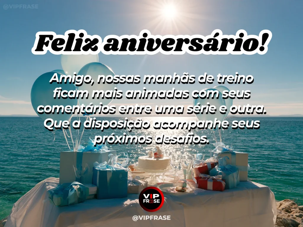 Mensagem de aniversário para amigo sobre amizade, em cenário festivo com bolo e balões.