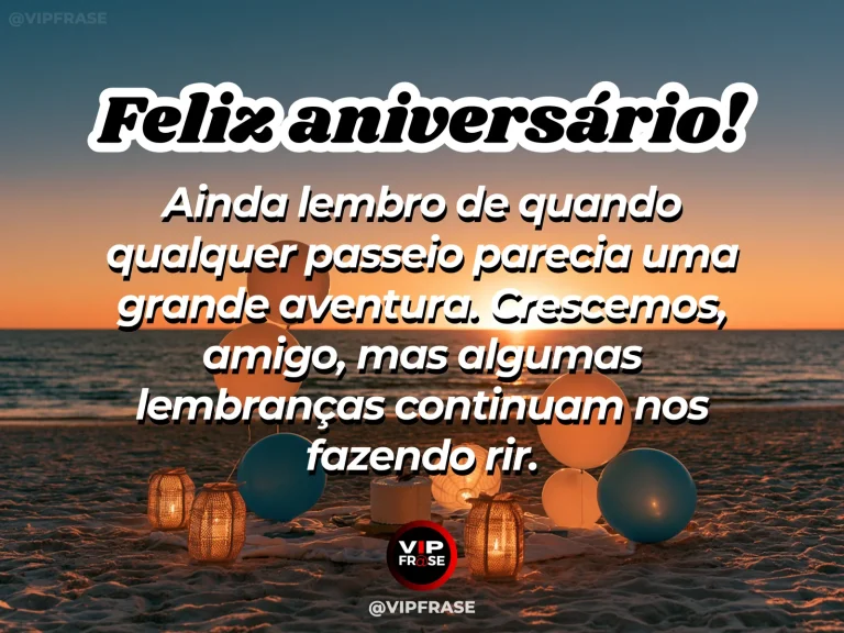 Arte de aniversário para amigo sobre saudade, com cenário comemorativo acolhedor e elementos visuais relacionados à amizade.