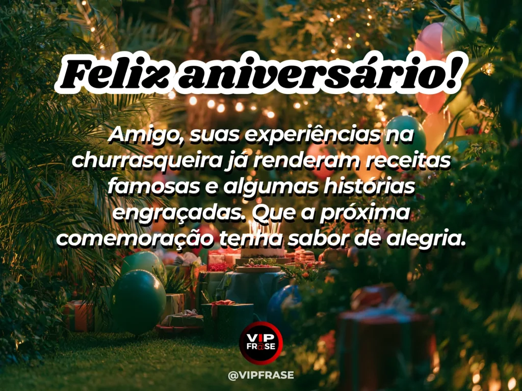 Mensagem de aniversário para amigo sobre amizade, em cenário festivo com bolo e balões.