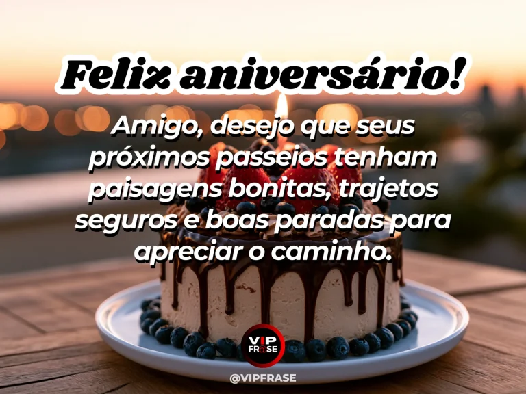 Mensagem de aniversário para amigo sobre amizade, em cenário festivo com bolo e balões.