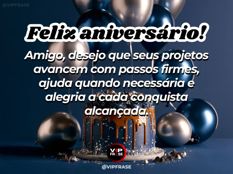 Arte de aniversário para amigo sobre sucesso, com cenário comemorativo acolhedor e elementos visuais relacionados à amizade.