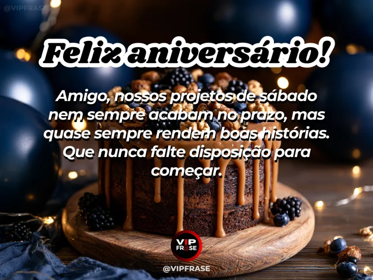 Mensagem de aniversário para amigo sobre amizade, em cenário festivo com bolo e balões.