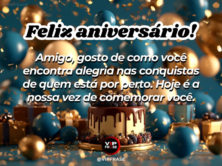 Arte de aniversário para amigo sobre amizade, com cenário comemorativo acolhedor e elementos visuais relacionados à amizade.