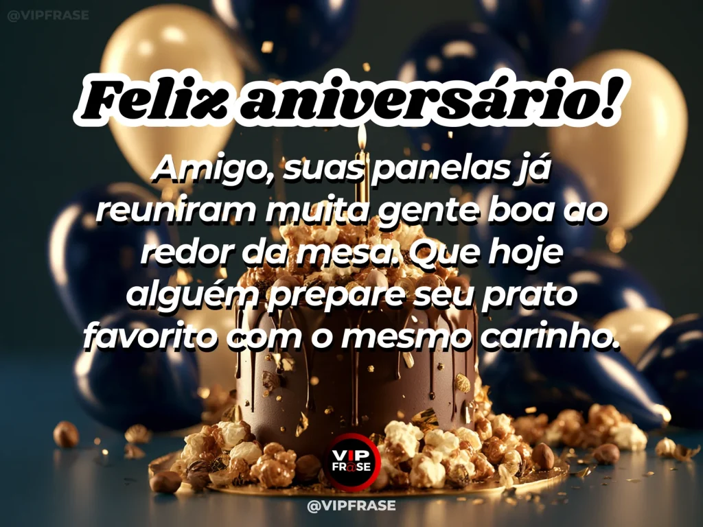 Mensagem de aniversário para amigo sobre amizade, em cenário festivo com bolo e balões.