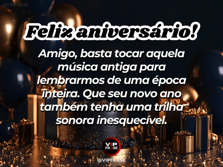 Mensagem de aniversário para amigo sobre amizade, em cenário festivo com bolo e balões.