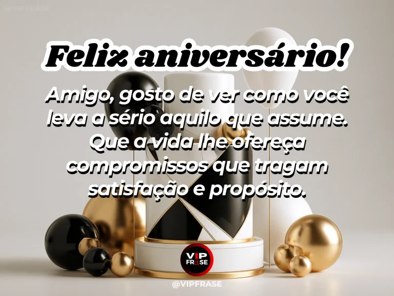 Mensagem de aniversário para amigo sobre sabedoria, em cenário festivo com bolo e balões.