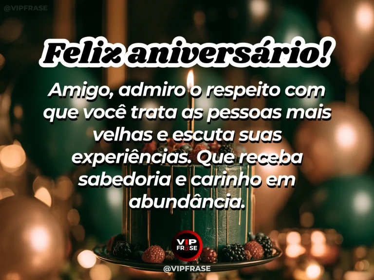 Mensagem de aniversário para amigo sobre sabedoria, em cenário festivo com bolo e balões.