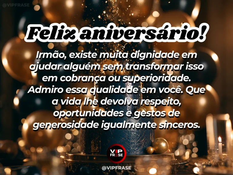 Mensagem de aniversário para irmão sobre carinho, com cenário festivo em azul e dourado.
