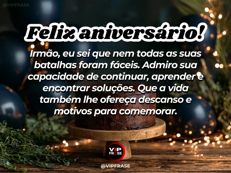 Mensagem de aniversário para irmão sobre força, com árvore frondosa e bolo em jardim ensolarado.