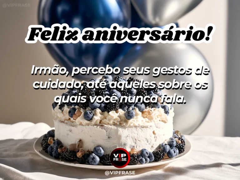 Mensagem de aniversário para irmão sobre carinho, com bolo e buquê de flores brancas e azuis.