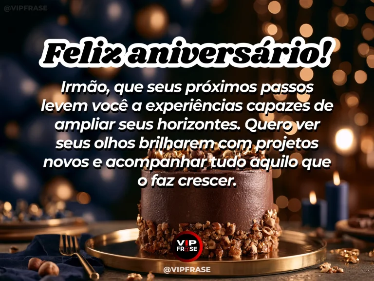 Mensagem de aniversário para irmão sobre esperança, com bolo diante de paisagem iluminada.