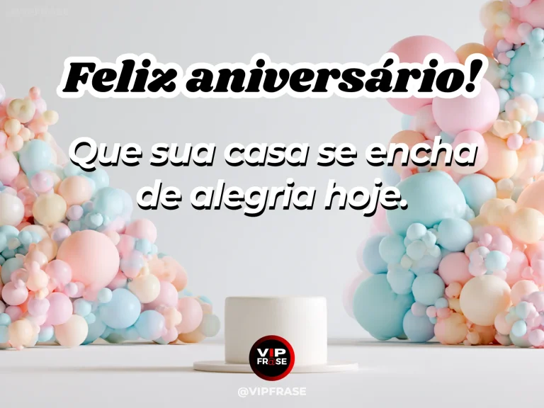 Mensagem de aniversário para WhatsApp sobre alegria, com cozy home living room decorated with paper garlands pastel balloons and birthday cake.