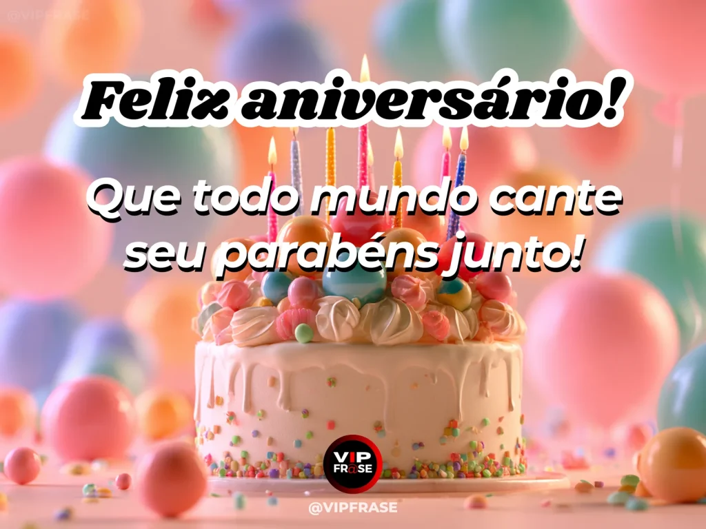 Mensagem de aniversário para WhatsApp sobre alegria, com bright party centerpiece with lit candles confetti and clustered balloons.