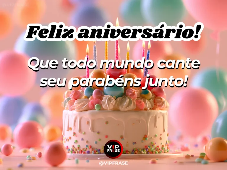 Mensagem de aniversário para WhatsApp sobre alegria, com bright party centerpiece with lit candles confetti and clustered balloons.