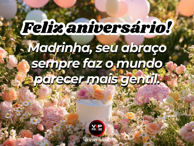 Mensagem de aniversário para madrinha sobre carinho, com garden arbor filled with coral roses.