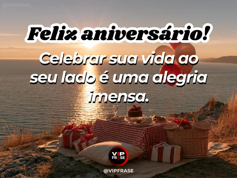 Mensagem de aniversário para namorado sobre amor, com terraço florido iluminado ao pôr do sol.