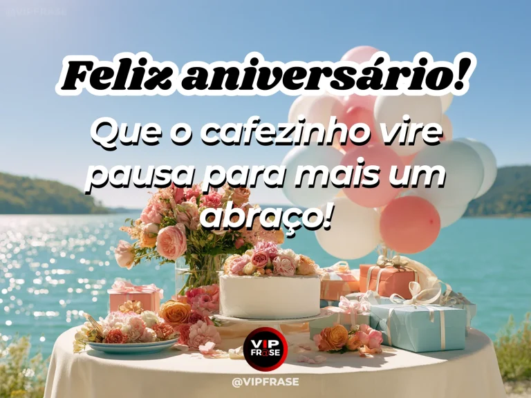 Mensagem de feliz aniversário sobre carinho, em arte com bolo branco, flores rosadas, presentes e balões à beira da água.