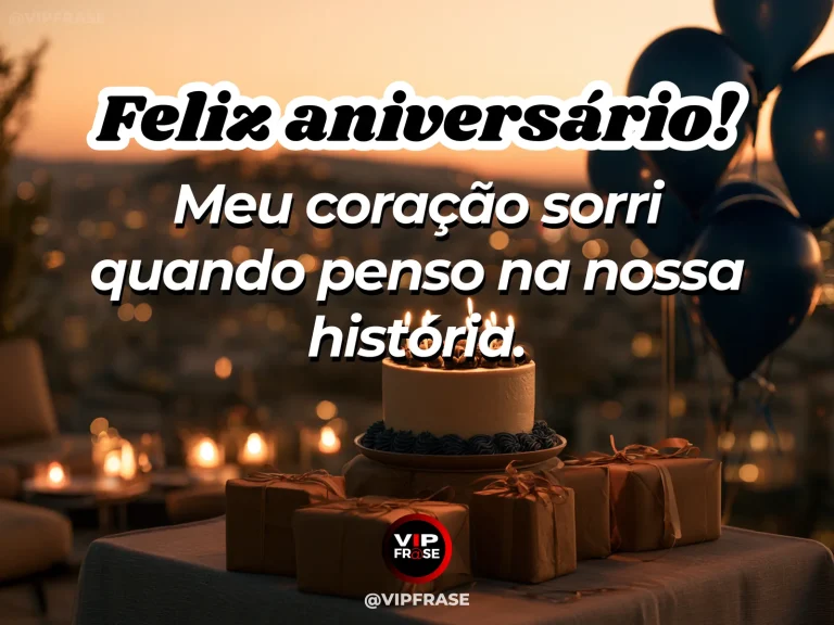Mensagem de aniversário para namorado sobre felicidade, com lago refletindo um pôr do sol rosado.