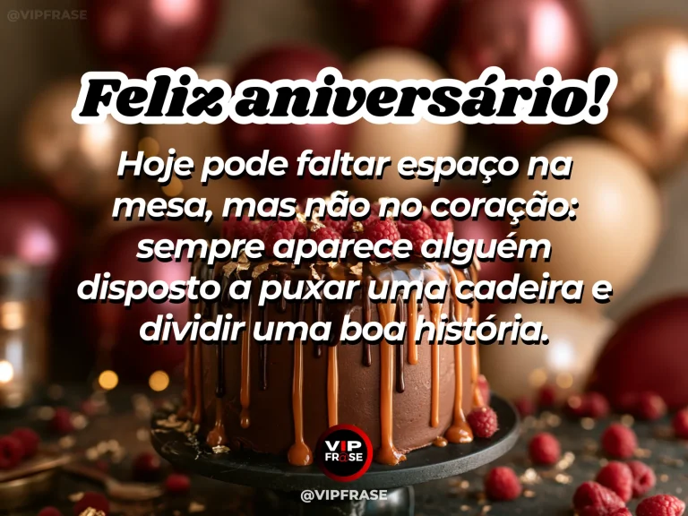 Feliz aniversário com mensagem sobre amizade e boas histórias, sobre imagem de bolo de chocolate com calda e frutas vermelhas.