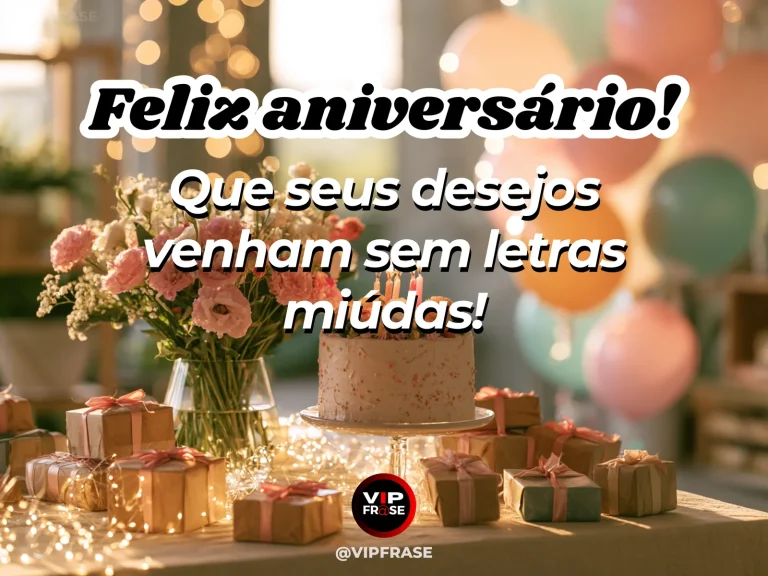 Arte de aniversário bem-humorada sobre desejos bons para o novo ano de vida, mostrando bolo claro, flores e caixas de presentes sob luzes douradas.