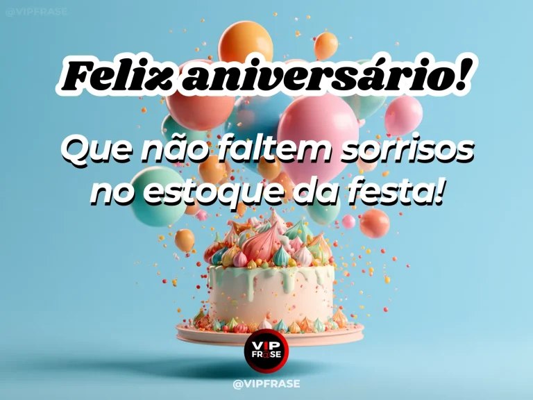 Imagem de aniversário bem-humorada sobre uma festa cheia de sorrisos, mostrando bolo com cobertura colorida diante de balões no fundo azul.