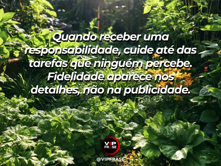 Mensagem de sabedoria sobre fidelidade nas pequenas responsabilidades, com pátio bem cuidado com regador e vasos floridos.