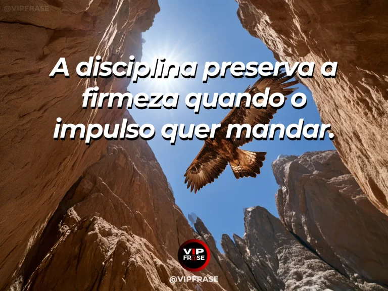 Mensagem de força sobre firmeza contra o próprio impulso, com águia imóvel numa montanha sob o vento.